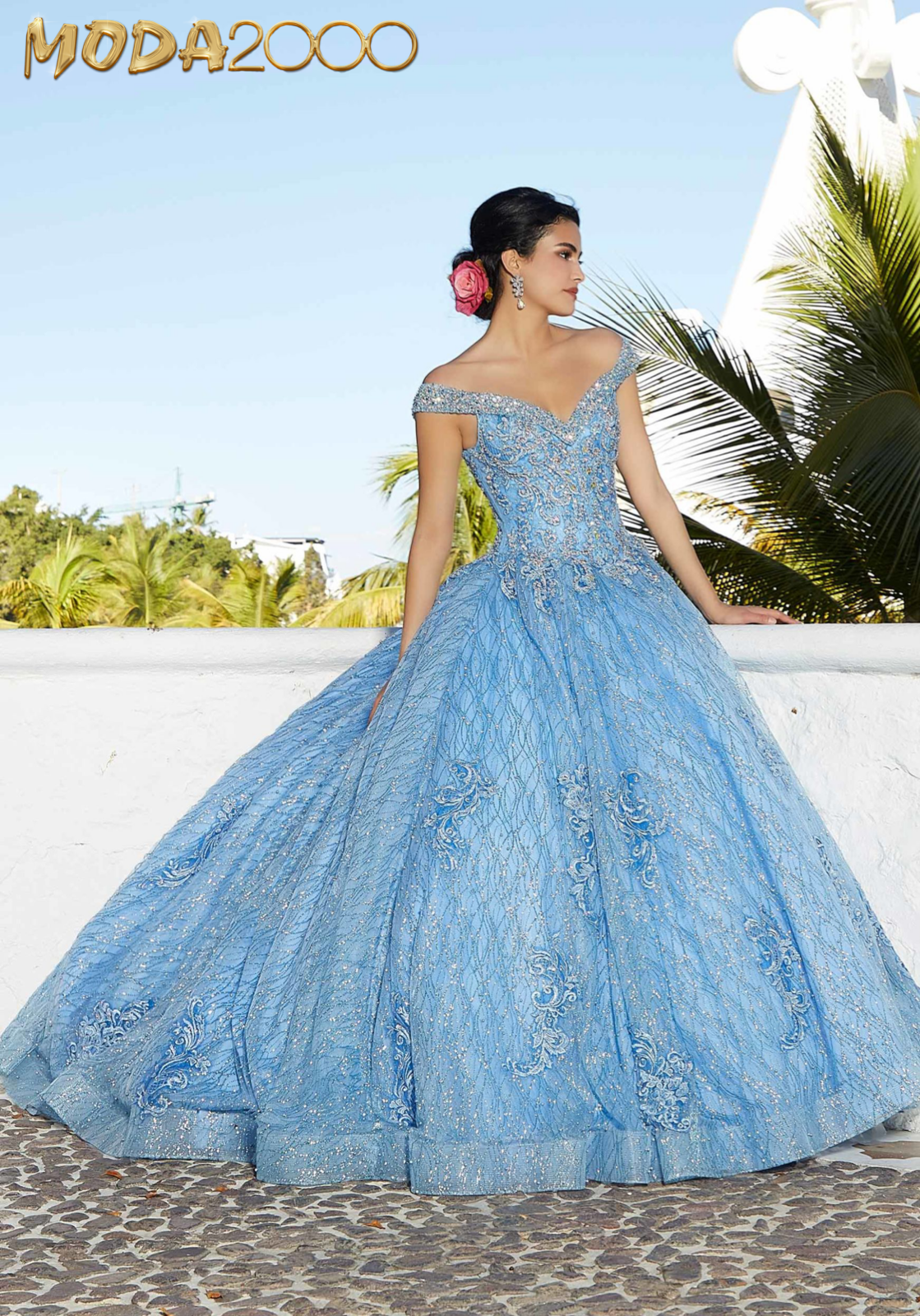 M2K89357 |   Patterned Glitter Quinceañera Dress with Cape