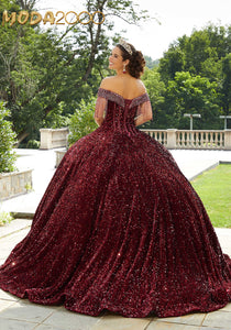 M2K60177 |  Allover Sequin Velvet Quinceañera Dress with Beaded Fringe