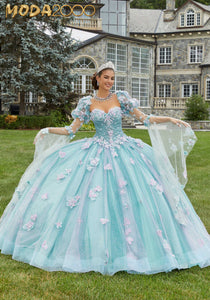 M2K60174 |  Glitter Tulle Quinceañera Dress with Three-Dimensional Floral Appliqués