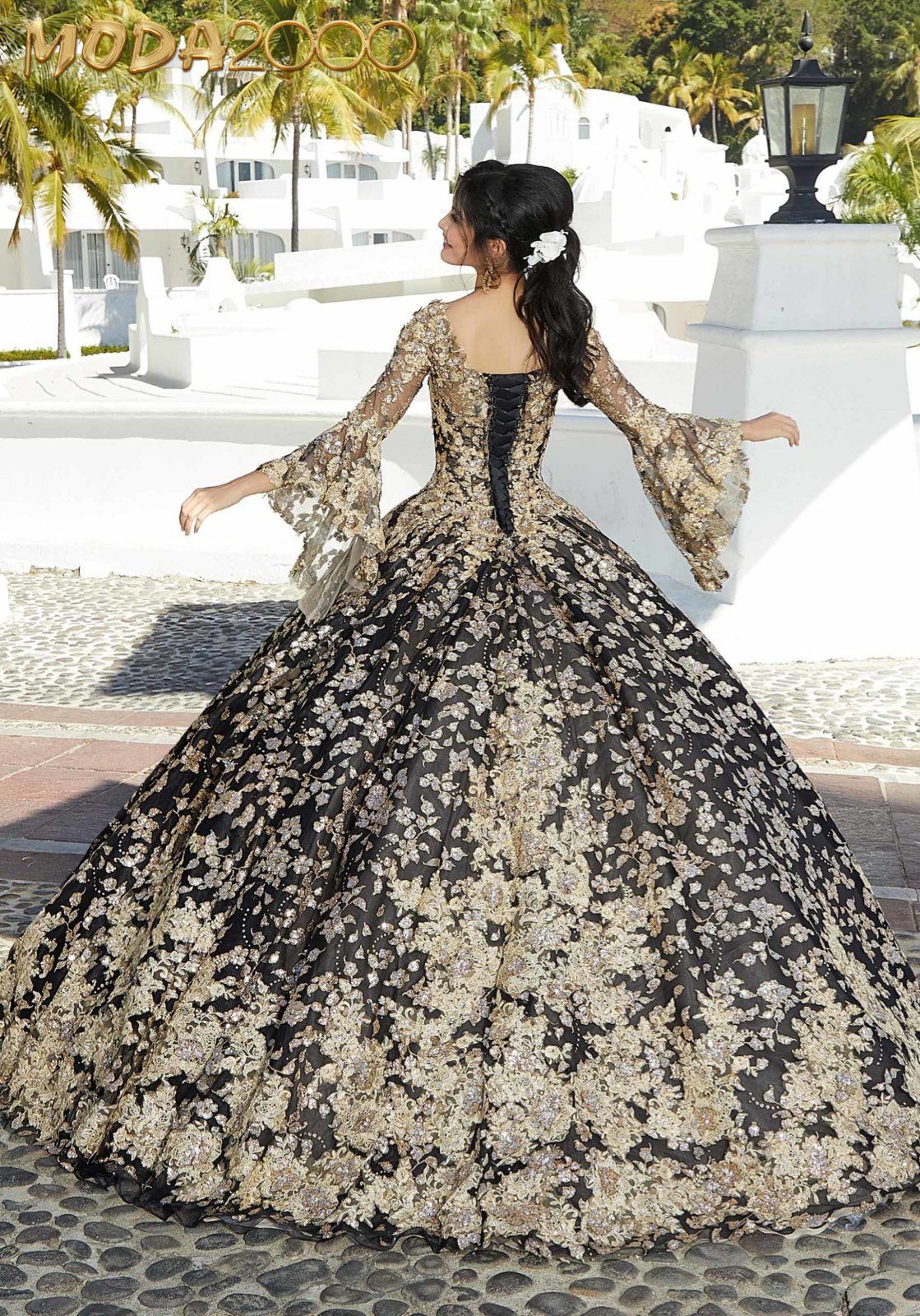 M2K34075 | Floral Patterned Sequin Glitter Tulle Quinceañera Dress