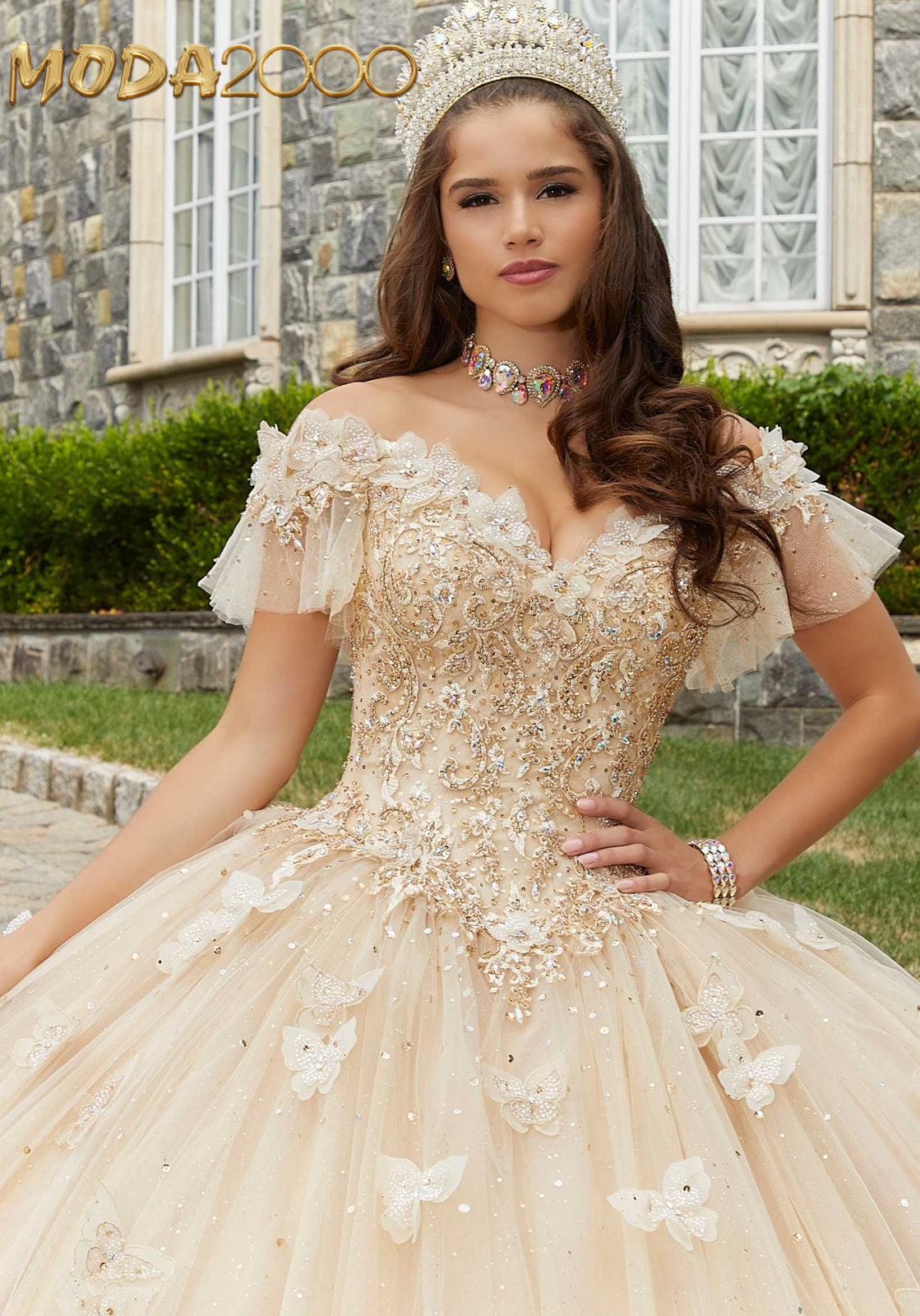 M2K89404 | Rhinestone Embroidered Quinceañera Dress with Three-Dimensional Butterflies