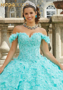 M2K89403 | Crystal Beaded Lace Quinceañera Dress with Floral Skirt