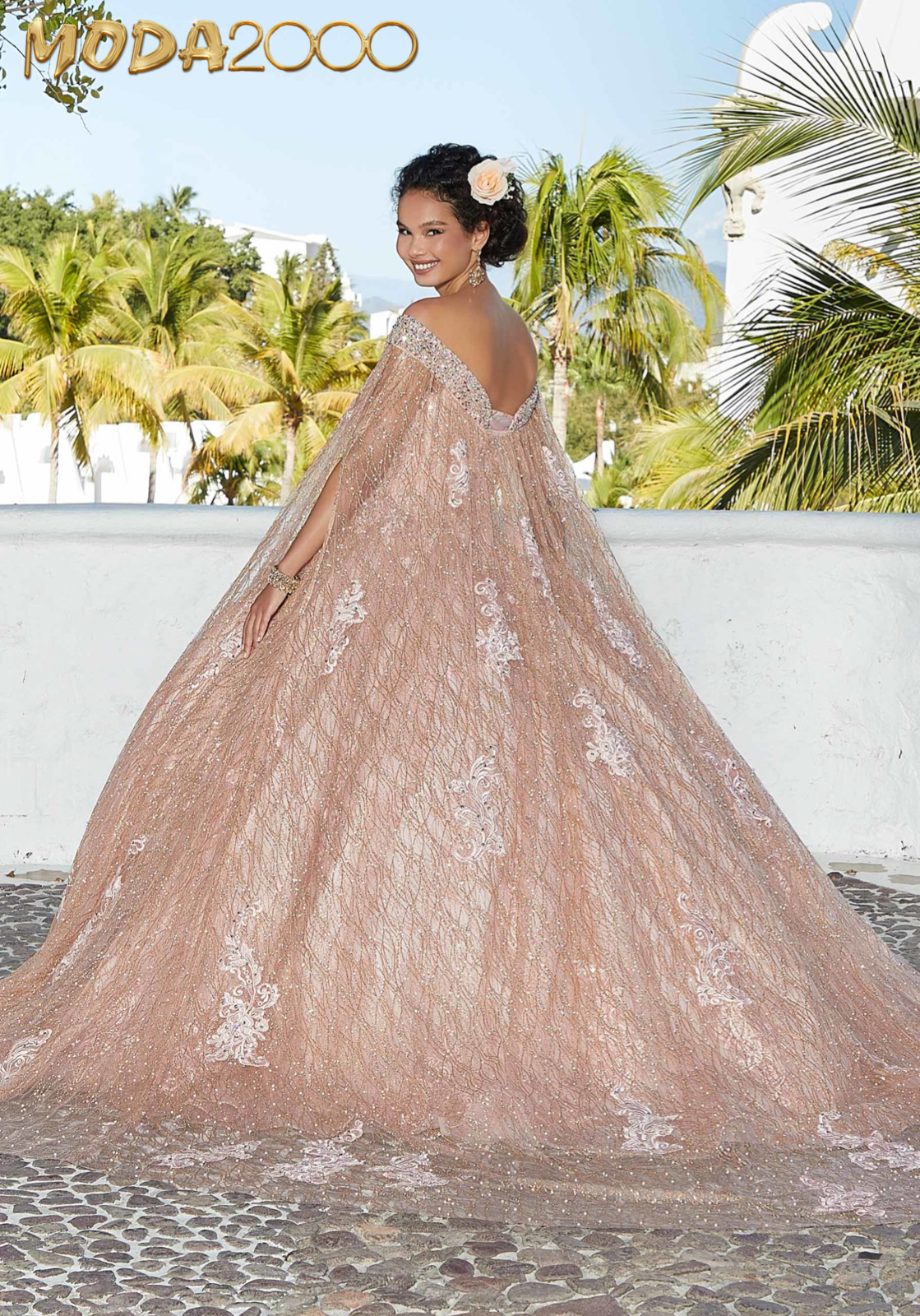 M2K89357 |   Patterned Glitter Quinceañera Dress with Cape