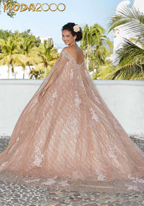 M2K89357 |   Patterned Glitter Quinceañera Dress with Cape