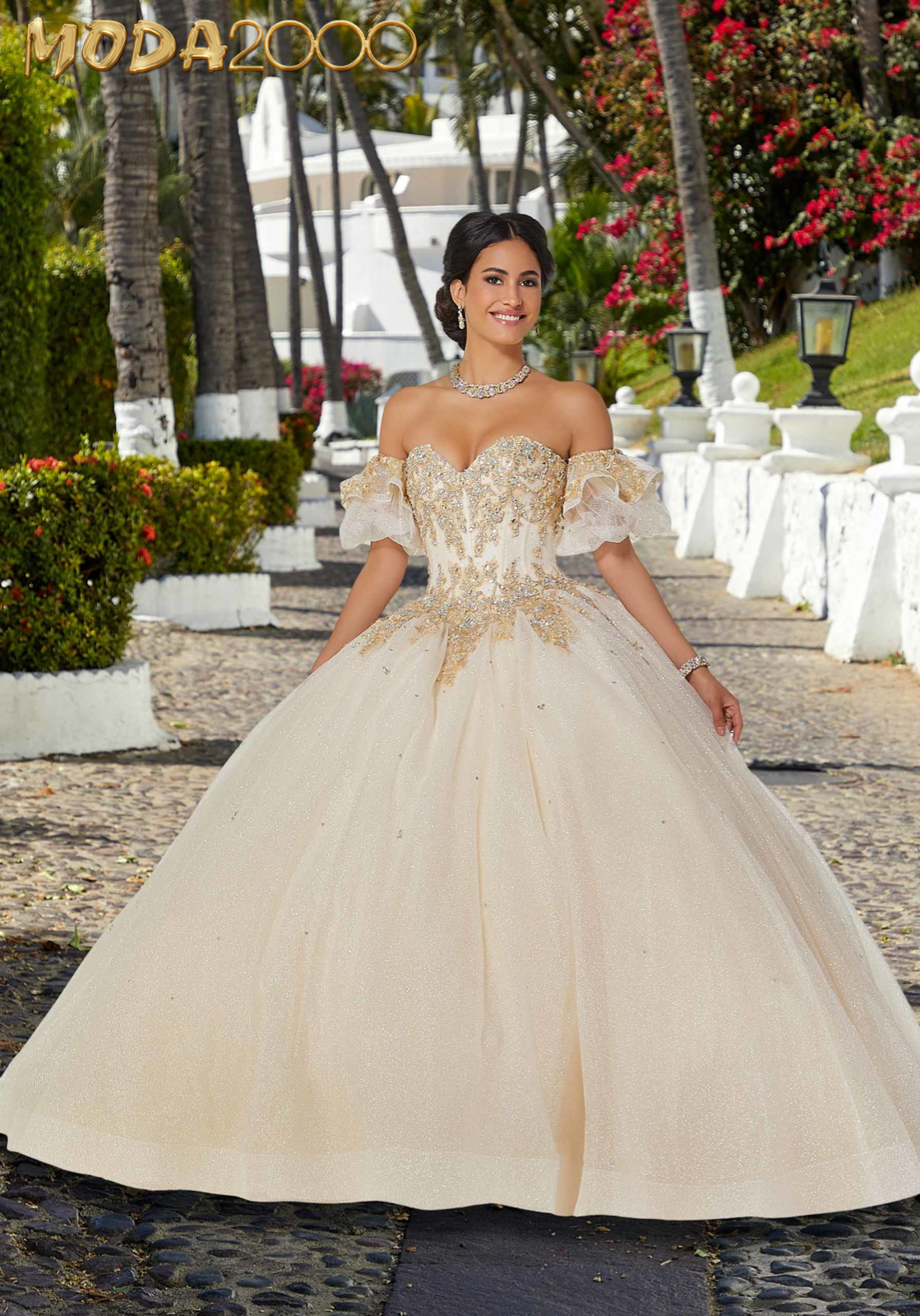 M2K60164 | Rhinestone and Crystal Beaded Embroidered Quinceañera Dress