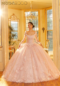 M2K34061 | Embroidered Appliqués Quinceañera Dress with Long Sleeves
