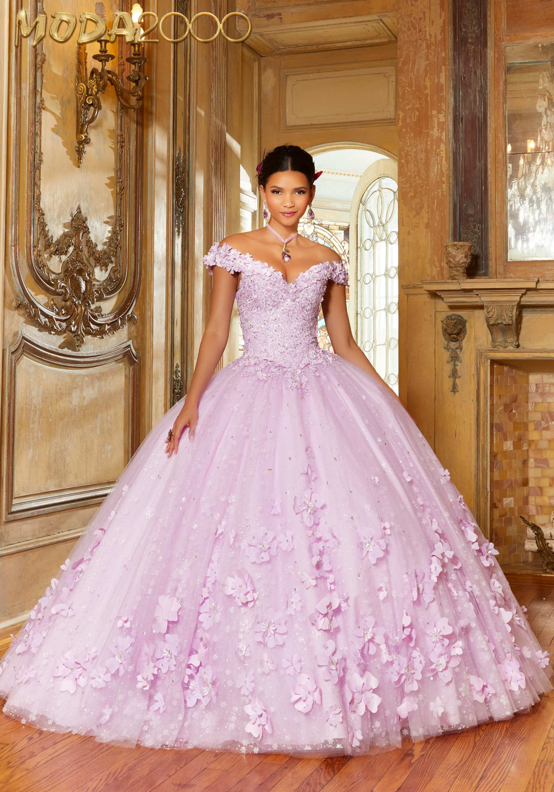 M2K34063 | Floral Patterned Glitter Quinceañera Dress