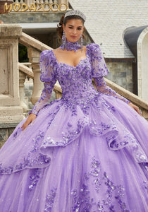 M2K60172 | Sparkle Tulle Quinceañera Dress with Long Pouf Sleeves