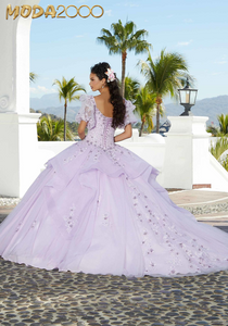 M2K34074 | Flounced Three-Dimensional Floral Quinceañera Dress with Pouf Sleeves