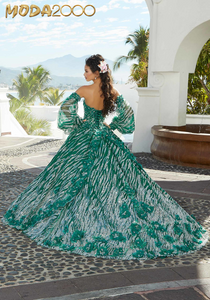 M2K34074 | Flounced Three-Dimensional Floral Quinceañera Dress with Pouf Sleeves