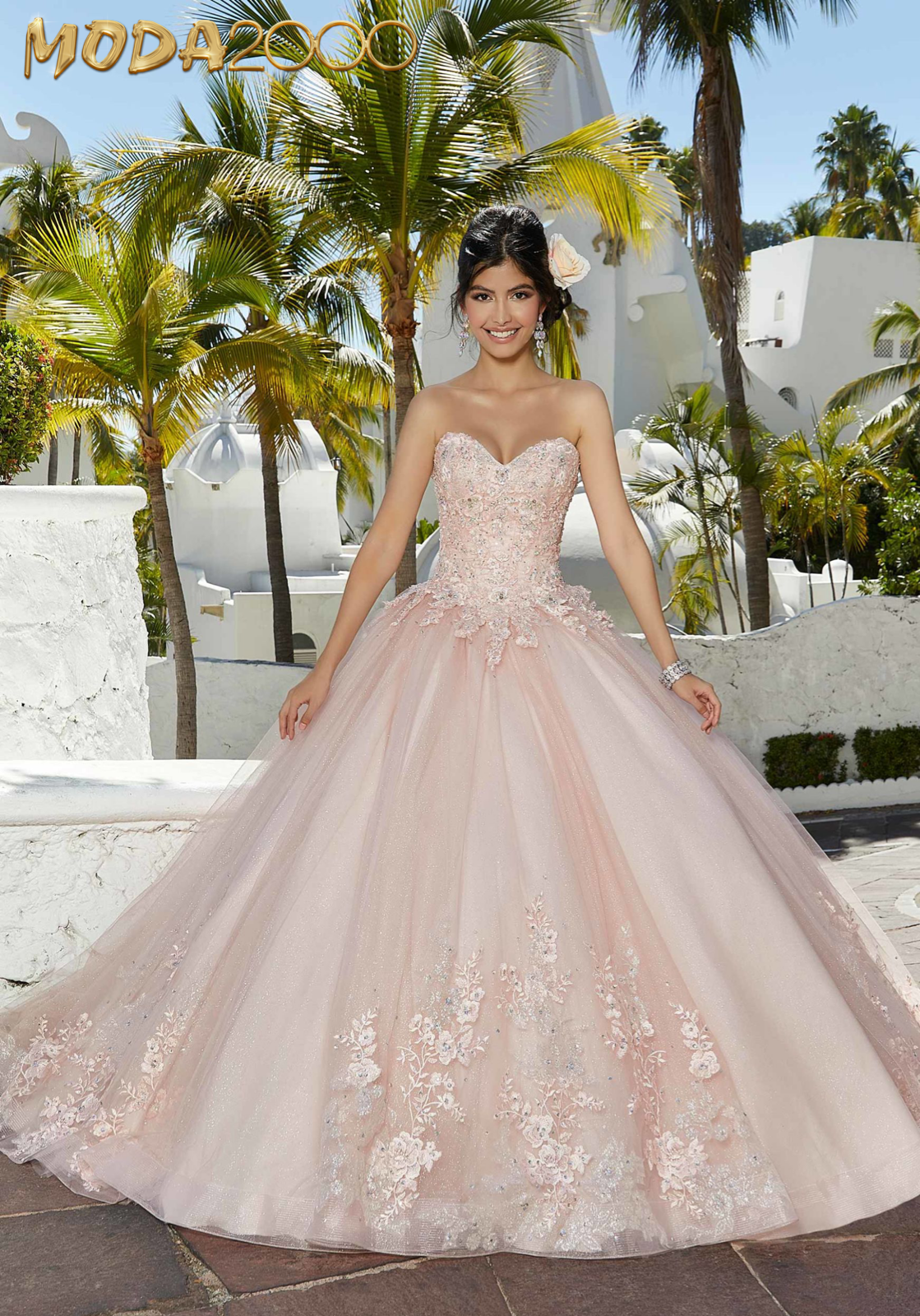 M2K89354 |   Sparkle Lace Quinceañera Dress with Tie Bow Sleeves