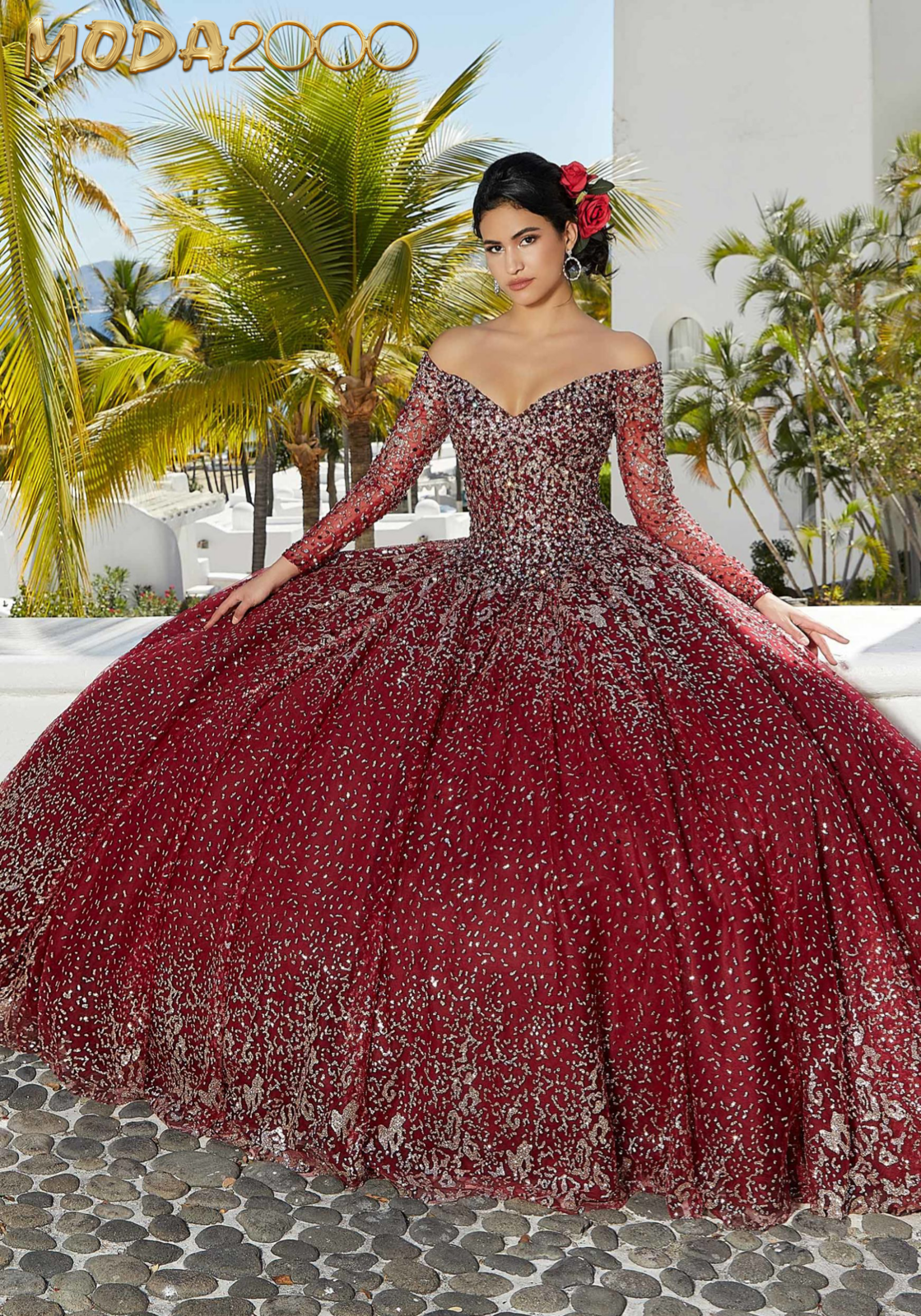 M2K89355 |   Patterned Glitter Net Quinceñera Dress