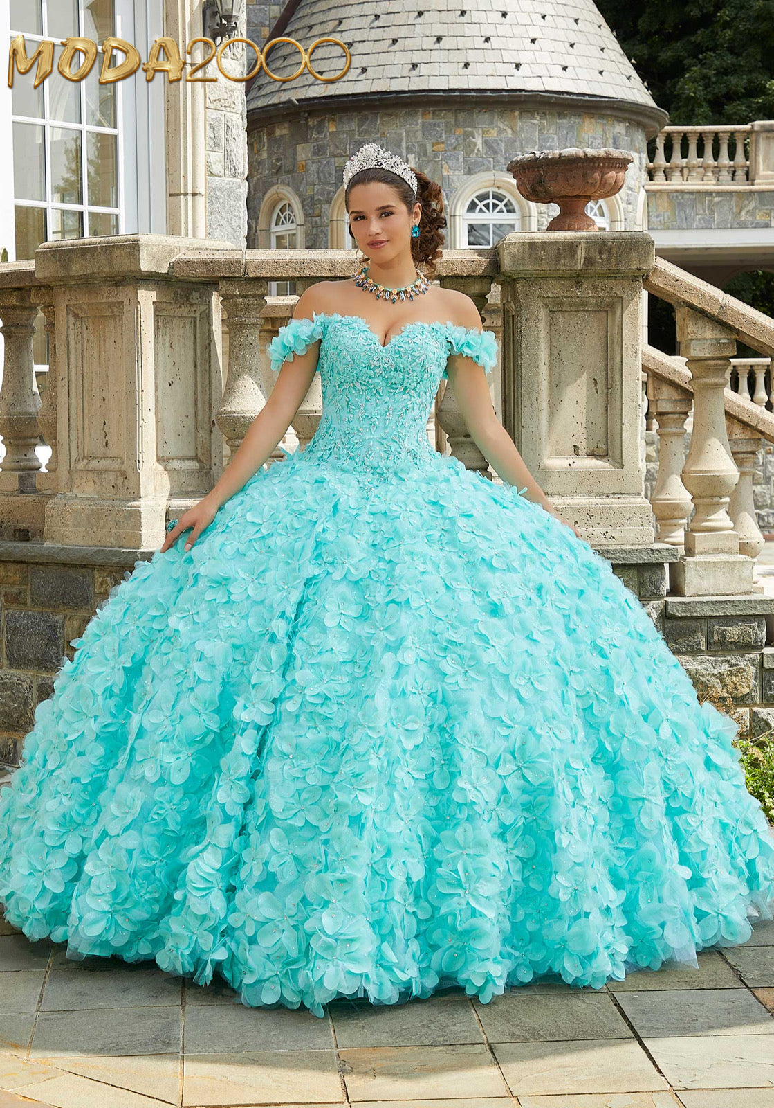 M2K89403 | Crystal Beaded Lace Quinceañera Dress with Floral Skirt