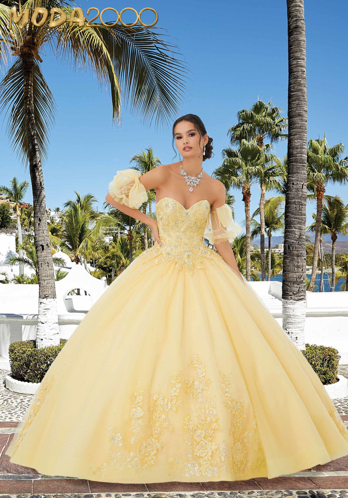 M2K89354 |   Sparkle Lace Quinceañera Dress with Tie Bow Sleeves