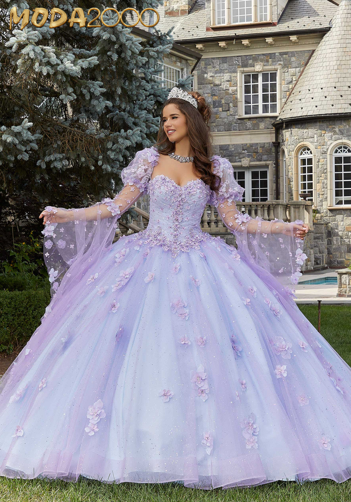 M2K60174 |  Glitter Tulle Quinceañera Dress with Three-Dimensional Floral Appliqués
