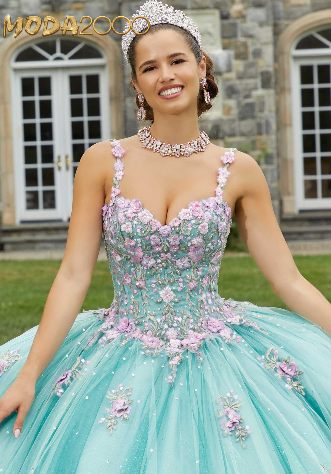 M2K60176 |  Crystal Beaded Contrasting Floral Embroidered Quinceañera Dress