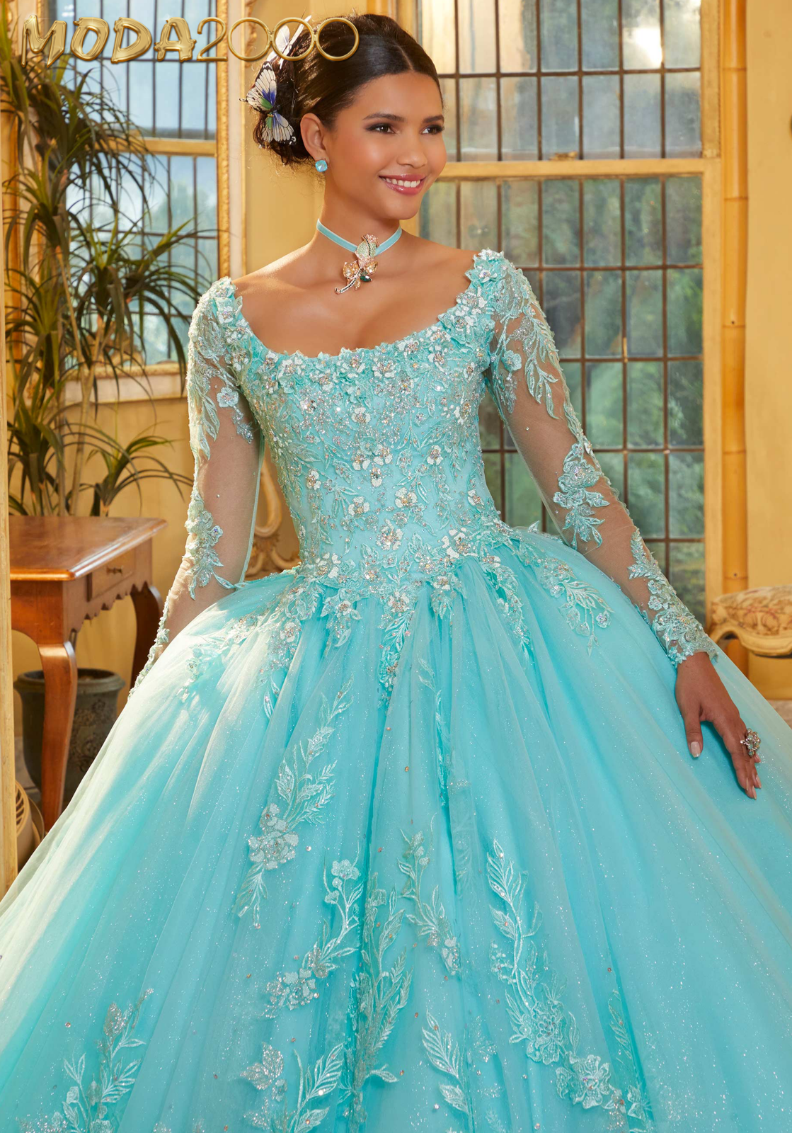 M2K34061 | Embroidered Appliqués Quinceañera Dress with Long Sleeves