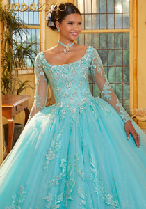 M2K34061 | Embroidered Appliqués Quinceañera Dress with Long Sleeves