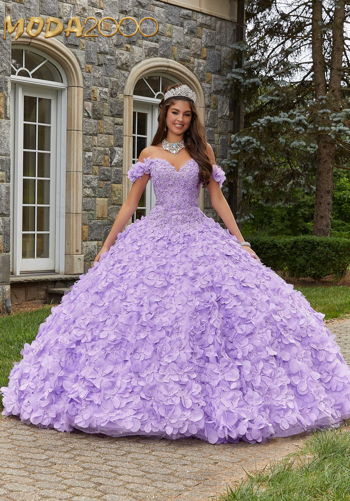 M2K89403 | Crystal Beaded Lace Quinceañera Dress with Floral Skirt