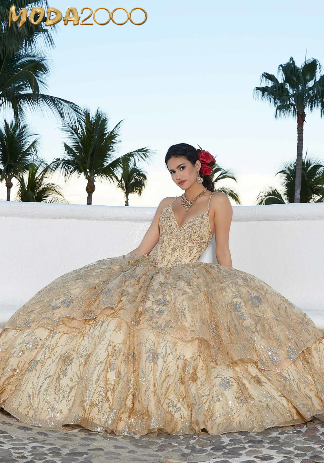 M2K60163 | Crystal Beaded Embroidered Flounced Quinceañera Dress