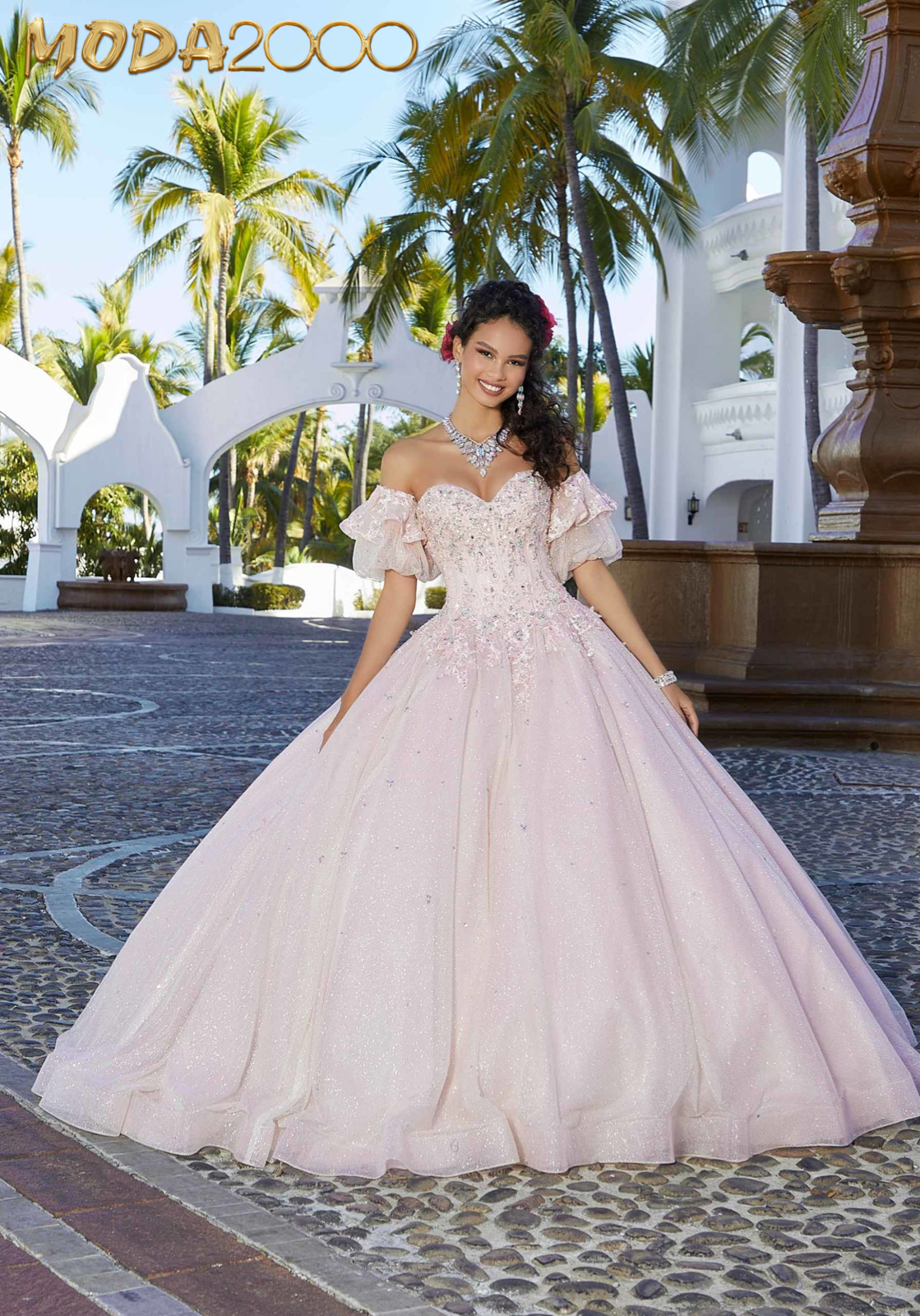 M2K60164 | Rhinestone and Crystal Beaded Embroidered Quinceañera Dress
