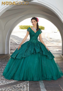M2K60162 | Crystal Beaded Patterned Glitter over Sparkle Tulle Quinceañera Dress