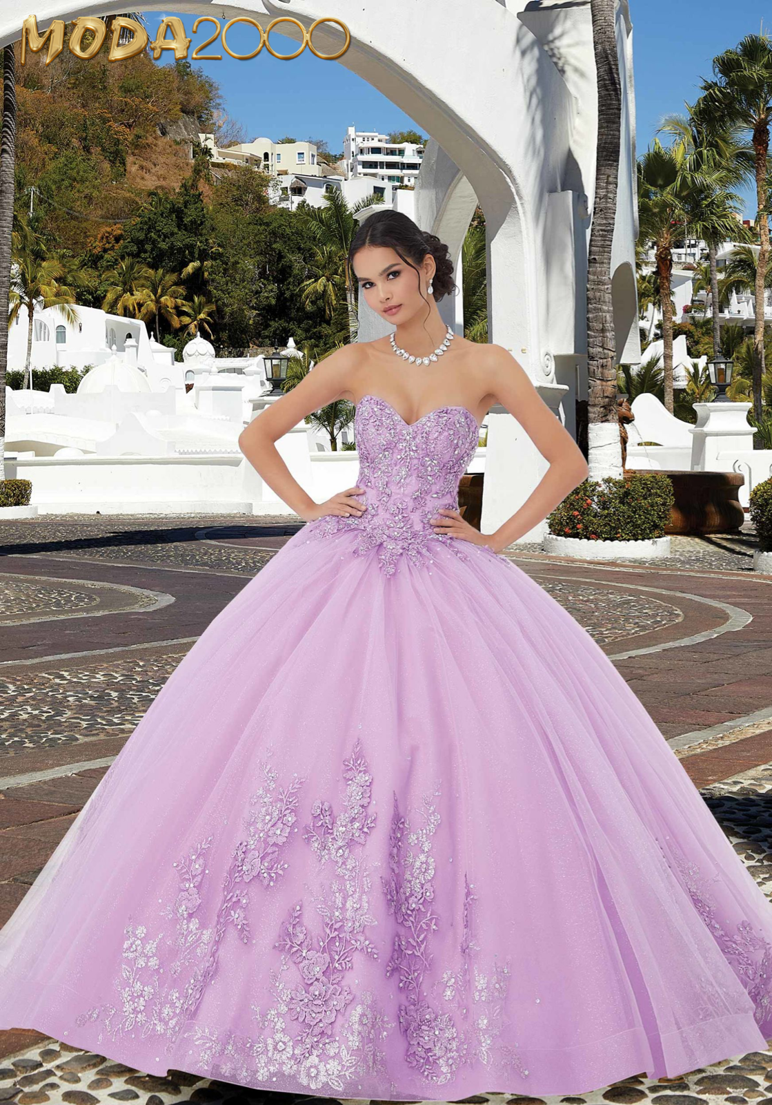 M2K89354 |   Sparkle Lace Quinceañera Dress with Tie Bow Sleeves
